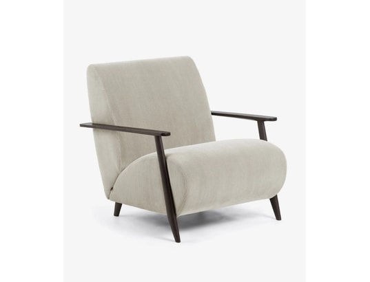 Fauteuil Meghan velours côtelé beige et pieds bois