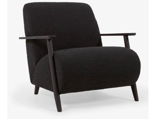 Fauteuil Meghan bouclette noir et pieds en bois