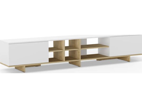 CONCEPT1 Meuble TV 2 portes 6 niches 230x35x44 cm effet ch&ecirc;ne et blanc